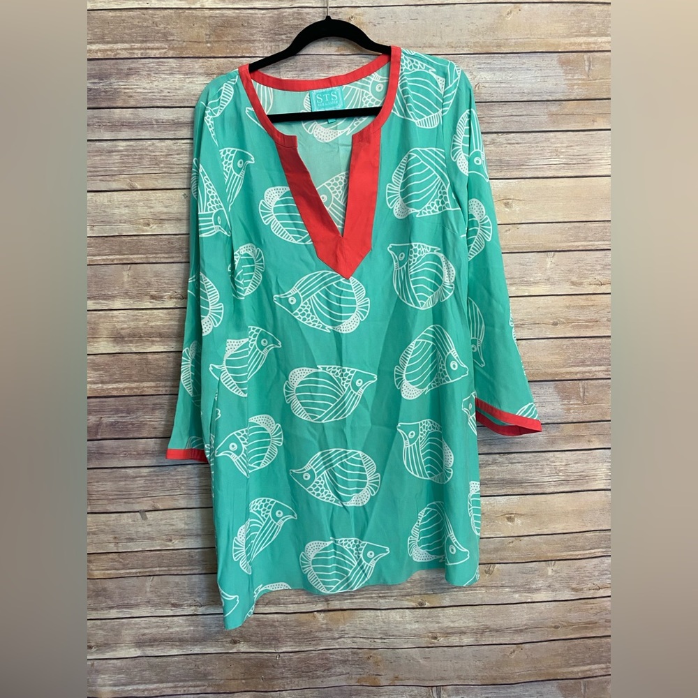 Sail to sable fish print tunic dress caftan size large aqua blue size large
